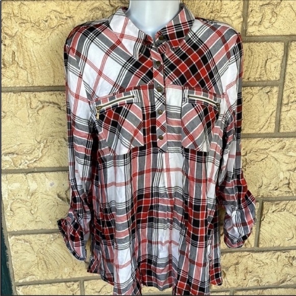 Takara plaid Top blouse Long sleeve Button 3/4 Size Large - Picture 12 of 12